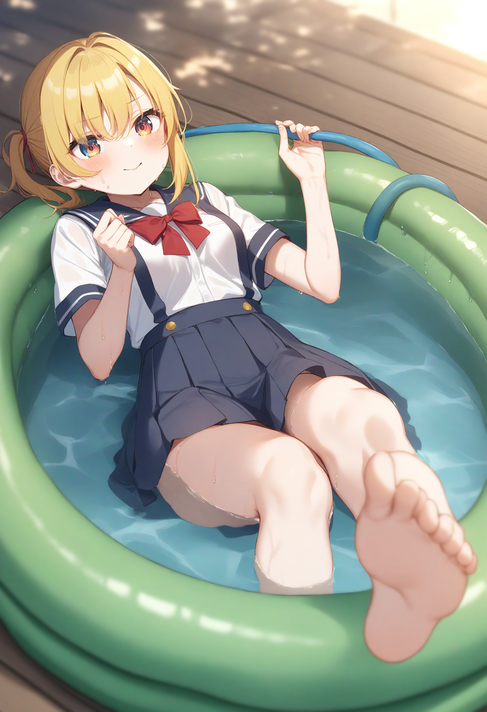 1girl,sincos, ningen mame, toosaka asagi,solo,medium breasts,school uniform,
wading pool,partially submerged,water,wet,outdoors, hose,barefoot, day,lying,<lora:wadingpool_XL_v1:0.8>
from below, feet out of frame, looking ahead, blonde hair, orange eyes,archaic smile, closed mouth, side hair,,
best quality, very aesthetic, absurdres