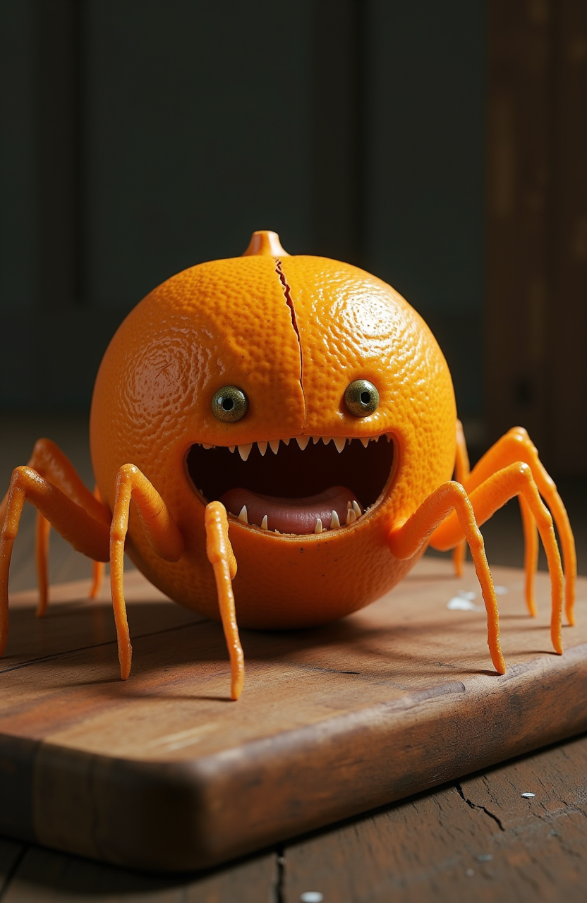 Intricately textured, hyper-realistic 3D of a nervous orange with cracked peel and spider-like arms, wooden cutting board, in a style reminiscent of high-definition 8K UHD cinematic photography, evoking the likes of ILM's photorealistic renderings, with nuances of Simon StÃ¥lenhag's atmospheric lighting and Neville Page's alien creature design.  <lora:models\Flux\mrpgrav:0.3> <lora:models\Flux\hal_foster_flux-000001:0.3> <lora:models\Flux\art_by_bartsy_flux:0.3> <lora:models\Flux\aesthetical-000003:0.3> <lora:models\Flux\custom\glitch-people-000005:0.3>,