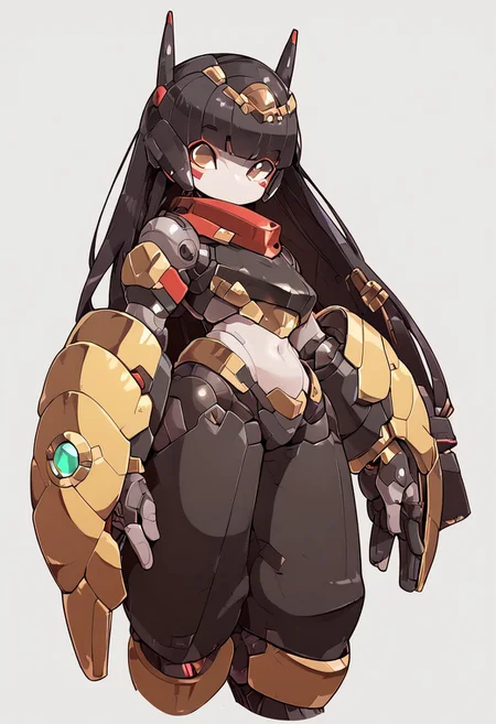 score_9,score_8_up,score_7_up,score_6_up, solo, white skin, blunt bangs, long hair, black hair, brown eyes, no jewelry, no earrings, no bracelets, makeup, black tube top, tight shiny pants, robot, mecha, simple background, no humans,  humanoid robot, standing, robot joints, no mouth,