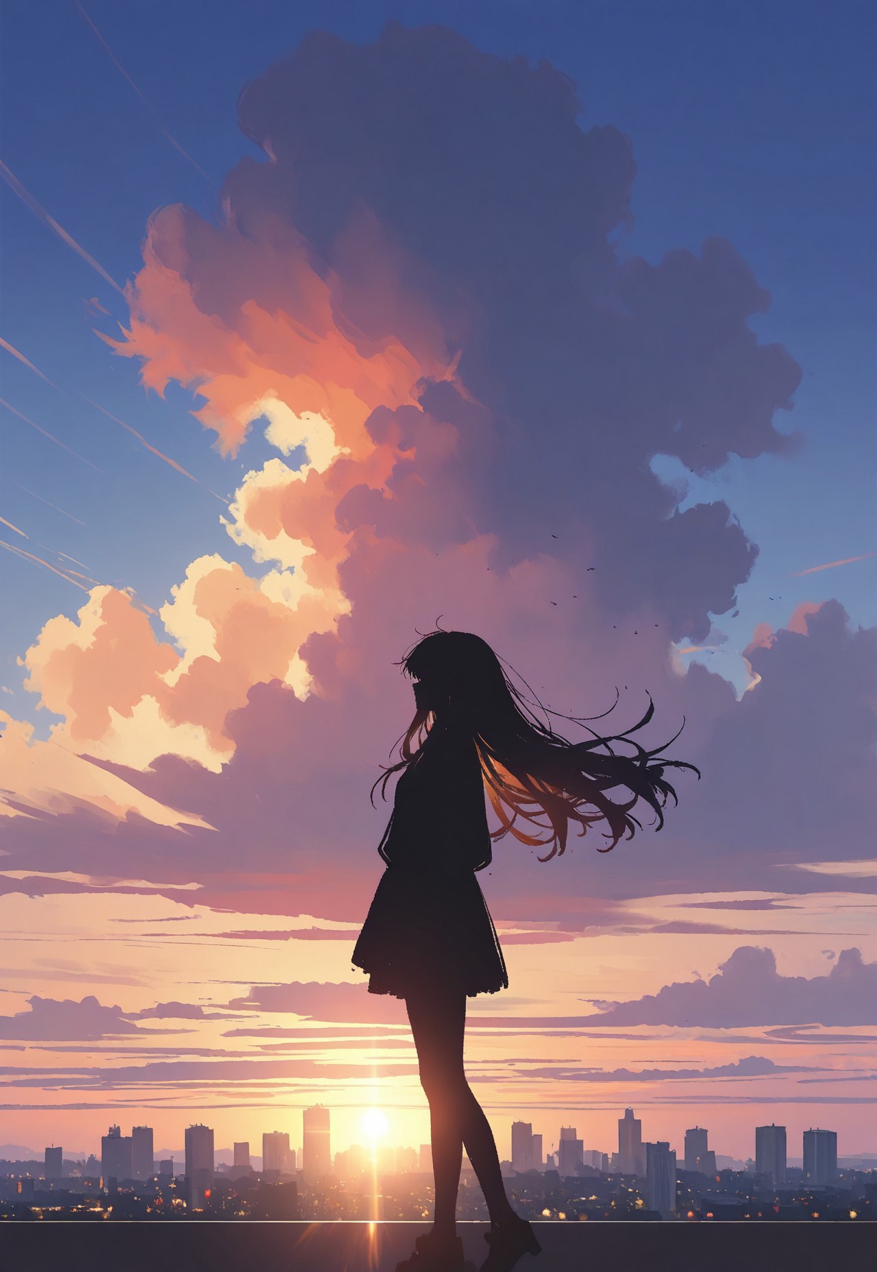 masterpiece, very aesthetic, absurdres, highres, very awa, sketch, newest, hirayama kanna, inplick, luxearte,   silhouette, flowing hair, long hair, sunset, city view, sunlight, sun beams, cloudy sky, close up