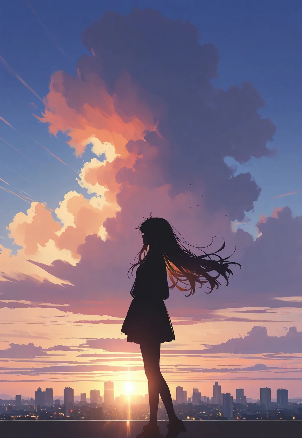 masterpiece, very aesthetic, absurdres, highres, very awa, sketch, newest, hirayama kanna, inplick, luxearte, silhouette, flowing hair, long hair, sunset, city view, sunlight, sun beams, cloudy sky, close up