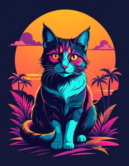 tshirt design, cat, retro sunset in the background, in the style of 5h1rt