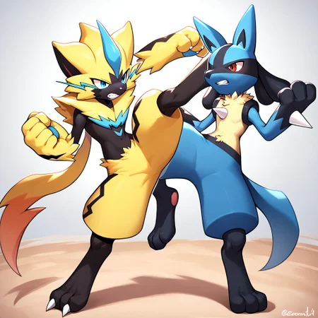 lucario, zeraora, furry, pokemon (creature), duo,score_9, score_8, score_7_up, score_6_up, lucario, standing, fighting stance, full body, from side, kicking, clenched teeth,