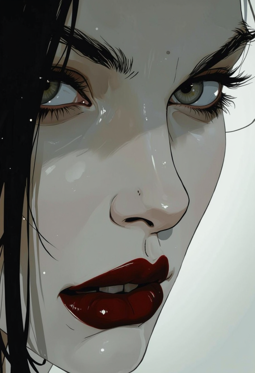 Anime art. A close-up digital illustration shoot from a portrait camera angle about a close up portrait of a woman's face with striking makeup and dark hair. the image also shows a woman with pale skin, long black hair, and striking red lipstick. on the middle of the image, a woman appears to be looking directly at the viewer, with a neutral expression. she has grey eyes, thick eyebrows, and thick eyelashes. her hair is styled in a way that frames her face, and her lips are painted with red lipstick, giving her a bold and dramatic look. the background is a simple gradient of light gray to white, which contrasts with the woman's striking features. the overall style is reminiscent of a comic book or graphic novel, with bold lines and a glossy finish that adds to the overall aesthetic.