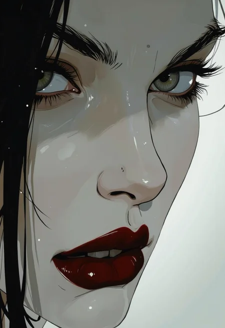 Anime art. A close-up digital illustration shoot from a portrait camera angle about a close up portrait of a woman's face with striking makeup and dark hair. the image also shows a woman with pale skin, long black hair, and striking red lipstick. on the middle of the image, a woman appears to be looking directly at the viewer, with a neutral expression. she has grey eyes, thick eyebrows, and thick eyelashes. her hair is styled in a way that frames her face, and her lips are painted with red lipstick, giving her a bold and dramatic look. the background is a simple gradient of light gray to white, which contrasts with the woman's striking features. the overall style is reminiscent of a comic book or graphic novel, with bold lines and a glossy finish that adds to the overall aesthetic.