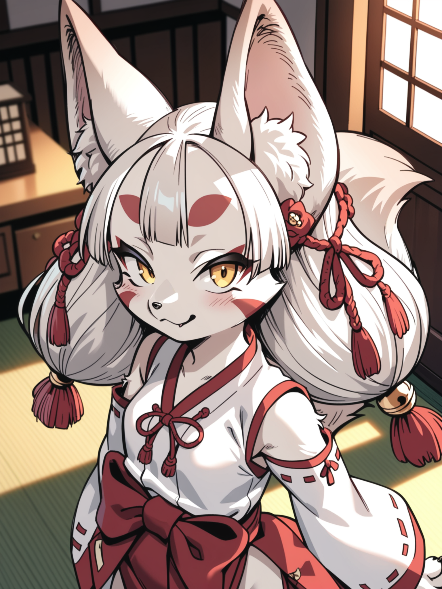<lora:happy_tentacle-junkohaku-v0.1:0.9>, ht_junkohaku, hair ornament, jingle bell, fox tail, yellow eyes, small breasts, white fur , furrowed brows, indoors, bedroom cowboy shot, 1girl, (petite:1.2), solo focus, (looking at viewer:1.1), sidelighting, (depth of field:0.8), from above, score_9, score_8_up, score_7_up, score_6_up, score_5_up, score_4_up