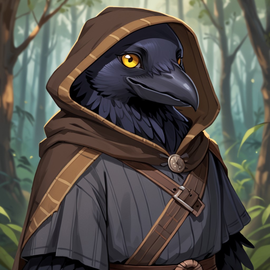 (((detailed, beautiful, high quality))), score_9, score_8_up, score_7_up, ((solo)), 
kenku, anthro bird, anthro crow, plumage,
1 boy, male focus, yellow eyes, brown capulet with hood, grey shirt,
looking at viewer, posing,
fantasy background, blurred background, forest background,
