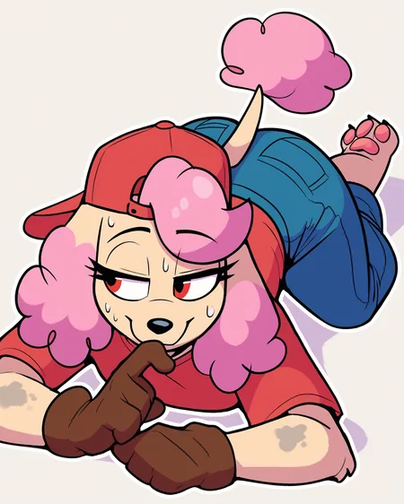 score_9_up, score_8_up, score_7_up, score_6_up, by remanedur, pink highlights, multicolored hair, furry female, poodle, female, furry, solo, three-quarter view, head tilt, red baseball cap, baseball cap, backwards baseball cap, gloves, handwear, red shirt, sweat, dirty, panting, half-closed eyes, on front, paws, pawpads, high-angle view, lying, red t-shirt, t-shirt, jeans, tail, simple background, white outline, <lora:Leah_Pines(AIM)_XL_v1:0.25> <lora:PDXL_artist_tags_v2_big:0.5> <lora:The-Minuscule-Task_PDXL_v1.0:0.6> <lora:Louise_aaronchenart:0.6>