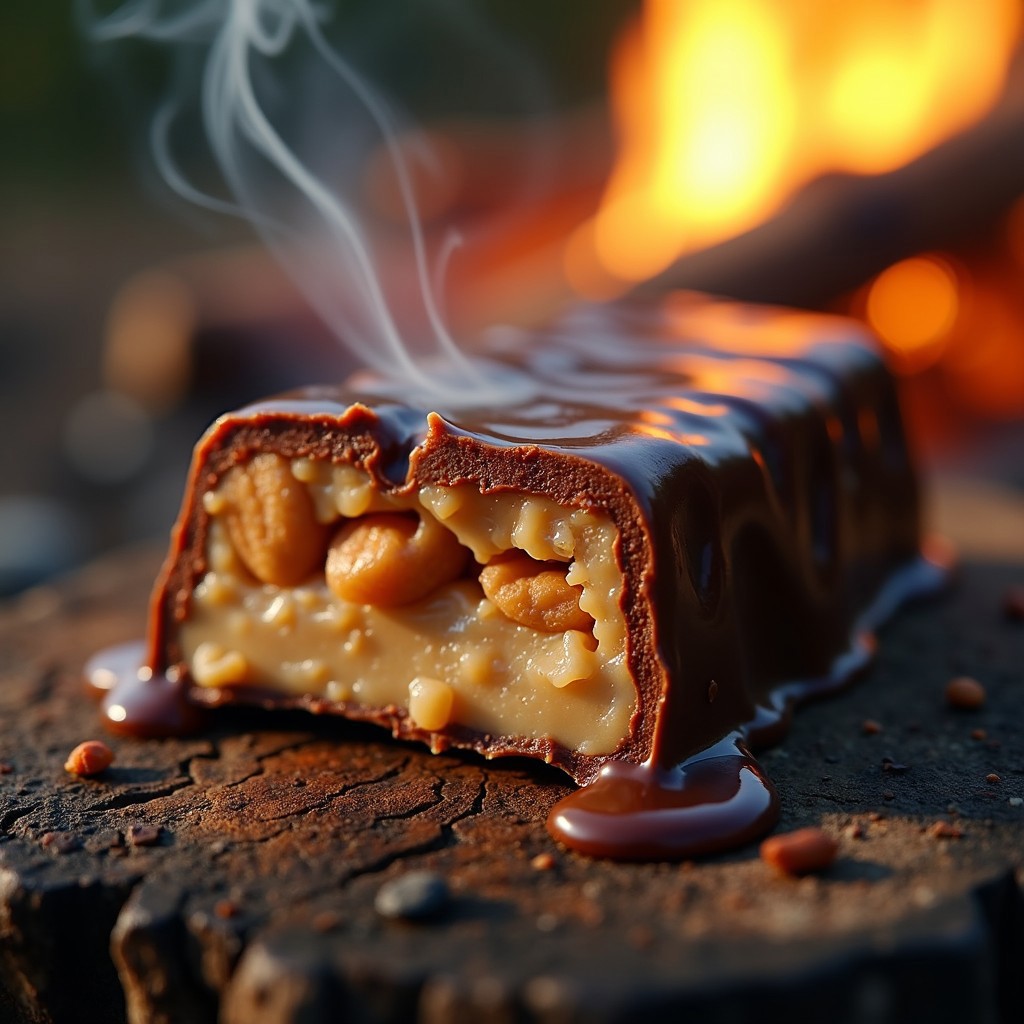 A close-up shot of a ral-roasted Snickers bar, melting chocolate oozing over the caramel and roasted peanuts, with a soft glow from a nearby campfire casting warm, amber light onto the glossy surface. The edges of the Snickers are slightly charred, creating a crunchy, caramelized texture. Smoke wisps rise from the bar, blending with the blurred, glowing embers in the background. The scene captures the heat and decadence of the treat, with a shallow depth of field highlighting the gooey center, making every detail pop against the dark, rustic setting.