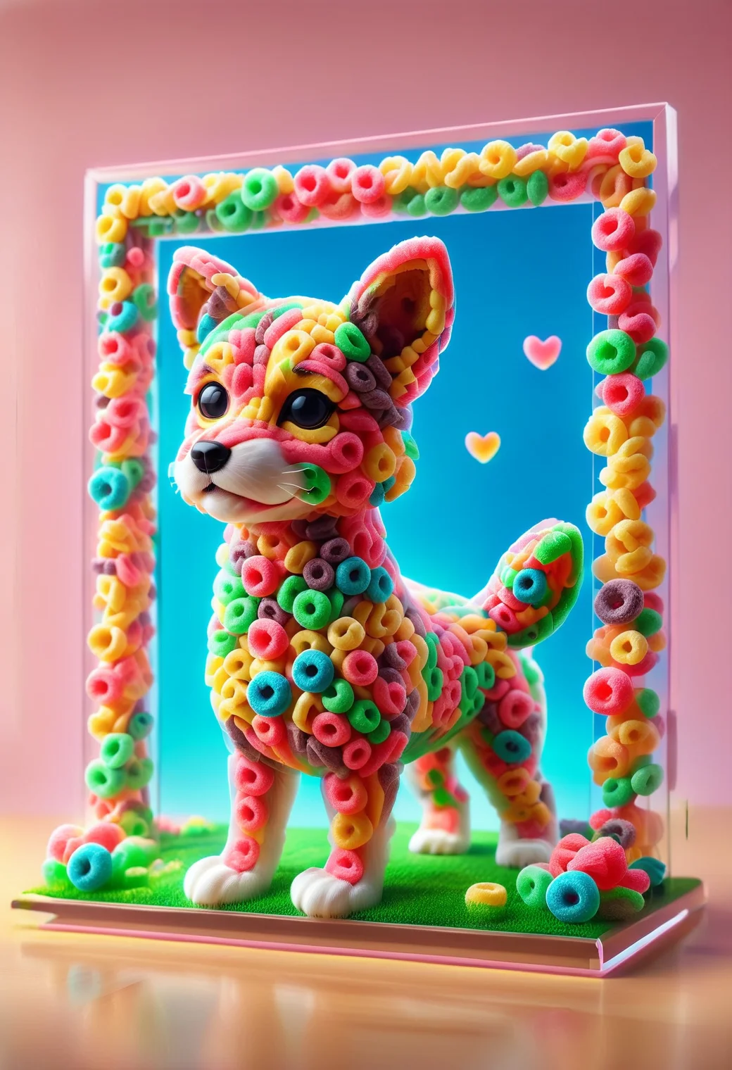 a picture frame with a picture of a cute zhibi domestic puppy <lora:zhibi:0.8> made out of reij-trnsprnt belight by reij-glw <lora:heartglow-000006:1> and made of fruit loops <lora:FruitLoopStyle:1>, cuteness overload, in a fantasy landscape, hairy, action pose, ruff, cherry blossom and mossy rock background, at golden hour, wide view, land art, natural lighting, highly enhanced, imposing, magical, luxury, intense, beautiful, adorable,