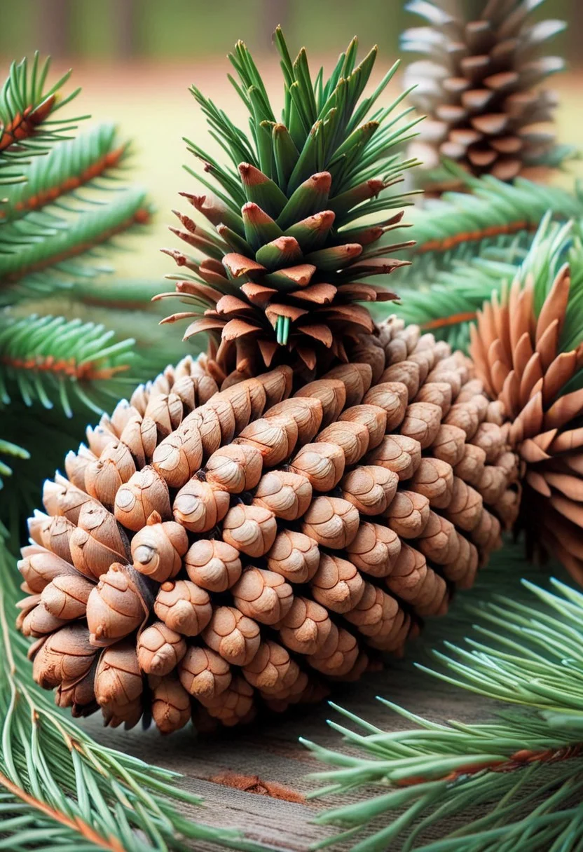 a close up of a pine cone with leaves like a pineapple, shallow depth of field, pines and needles, bold and cinematic, storybook surrealism