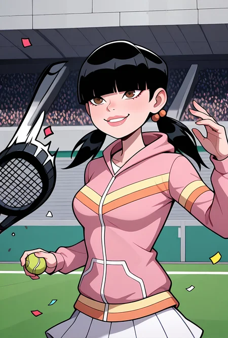 <lora:julieov:1>, julieov, black hair, twintails, 1girl, breasts, low twintails, pink hoodie, blunt bangs, hair ornament, jacket, long sleeves, brown eyes, lips, hair over eyes,, white skirts, expressive, wide face, playing tennis, smiling, tennis ball machine, hitting ball, tennis bat, crowd, excited, a lot of confetti, foreground blur,, masterpiece, best quality, amazing quality, very aesthetic, absurdres, newest,
