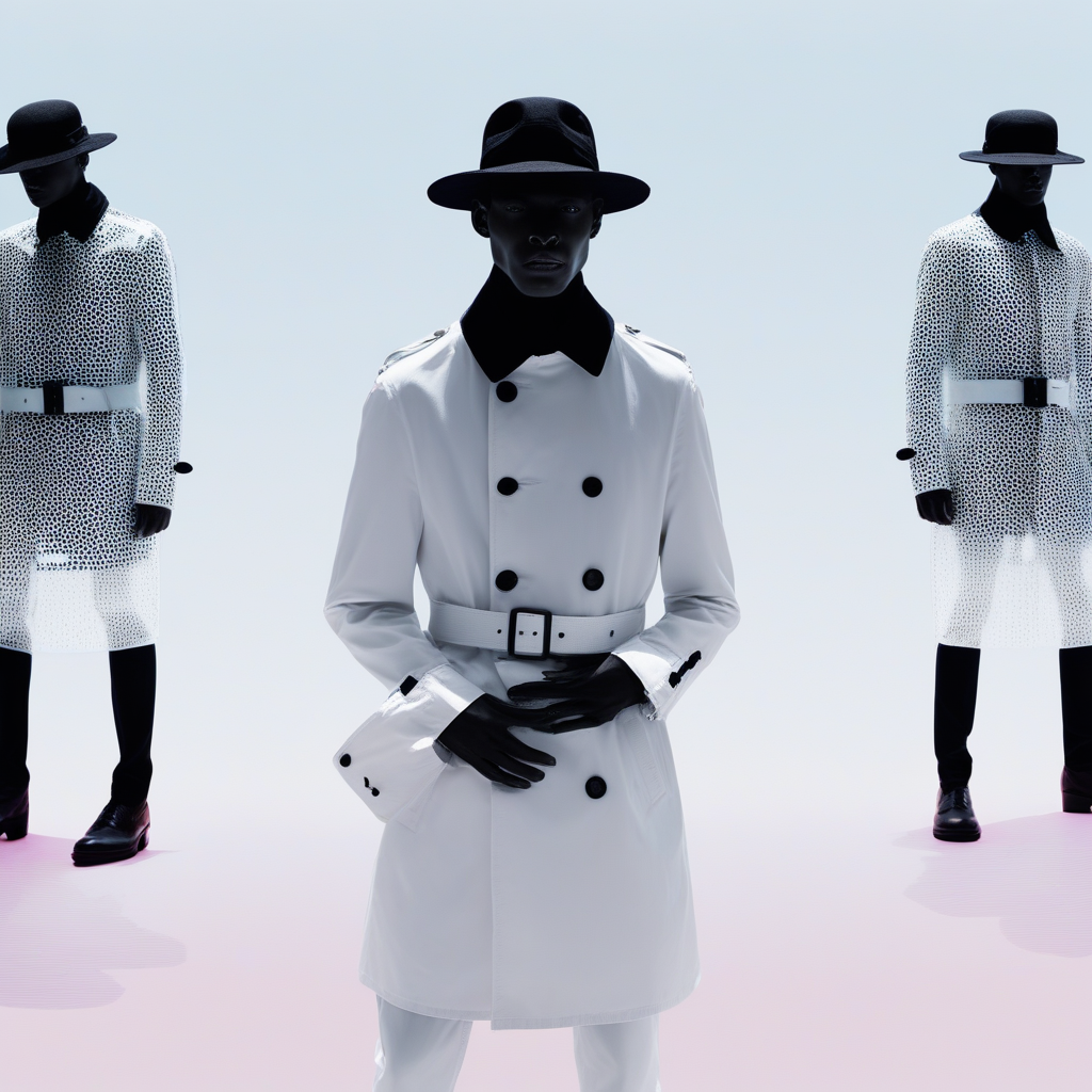 aaAR7fl,masterpiece,highres,best quality,best aesthetic, intriguing details,zara fashion campaign, haute couture,2boys, male model, solo focus, black footwear, hands in pockets, white translucent trench coat design by Yayoi Kusama, glowing watch, colored skin, see-through, gradient background, British military hat, dynamic,