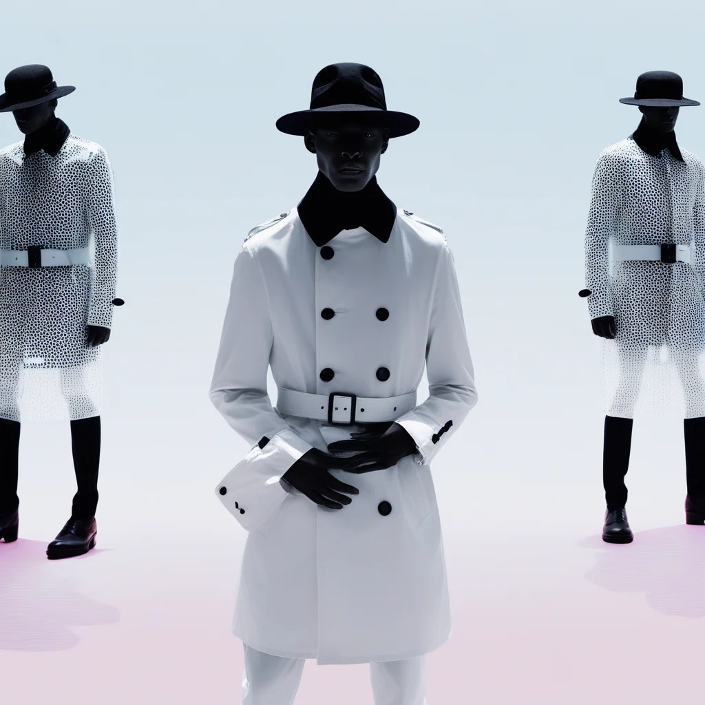 aaAR7fl,masterpiece,highres,best quality,best aesthetic, intriguing details,zara fashion campaign, haute couture,2boys, male model, solo focus, black footwear, hands in pockets, white translucent trench coat design by Yayoi Kusama, glowing watch, colored skin, see-through, gradient background, British military hat, dynamic,