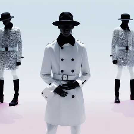 aaAR7fl,masterpiece,highres,best quality,best aesthetic, intriguing details,zara fashion campaign, haute couture,2boys, male model, solo focus, black footwear, hands in pockets, white translucent trench coat design by Yayoi Kusama, glowing watch, colored skin, see-through, gradient background, British military hat, dynamic,