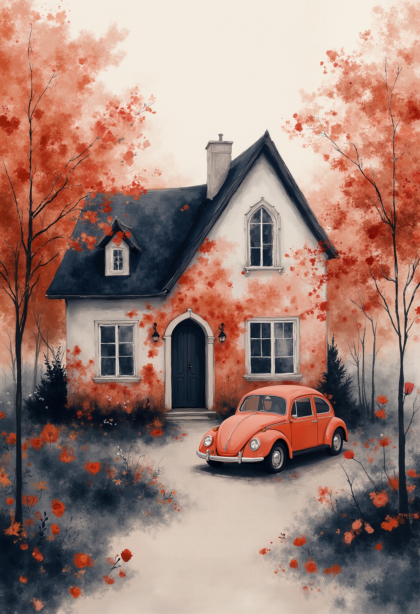 pst007, A red Volkswagen Beetle in front of a house covered with red flowers. A red car on a dirt road near a white and black cottage surrounded by trees. Red roses covering the walls of the cottage. A romantic, whimsical, and fantastical cottagecore-style
