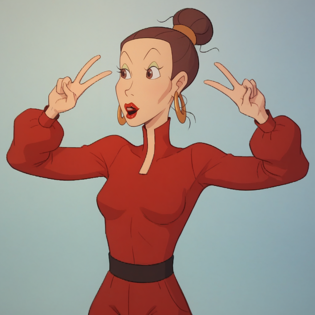 score_9_up, score_8_up, BREAK, Emma, 1girl, solo, brown hair, hair bun, brown eyes, lipstick, hoop earrings, red jumpsuit, cowboy shot, <lora:Emma_StopTheSmoggies_PXL_Leaf1:1>. double v,