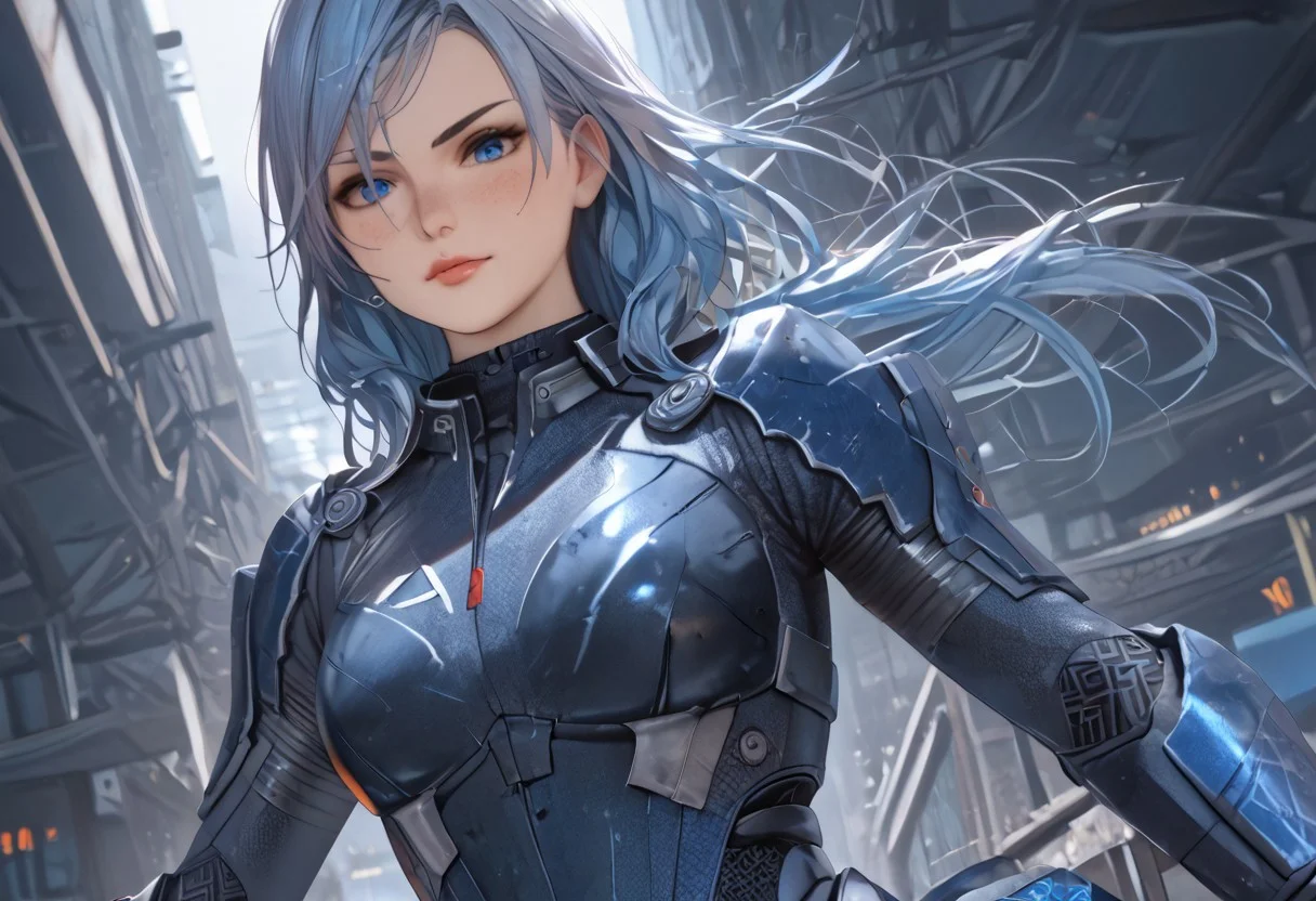 score_7_up,score_8_up,score_9 ((masterpiece,best quality,ultra detailed,highres,HD,4k:1.2) Amalee, long hair, blue hair, grey hair, blue eyes, bodysuit,armor,N7, Wide Shot, Dutch Angle, Anime,