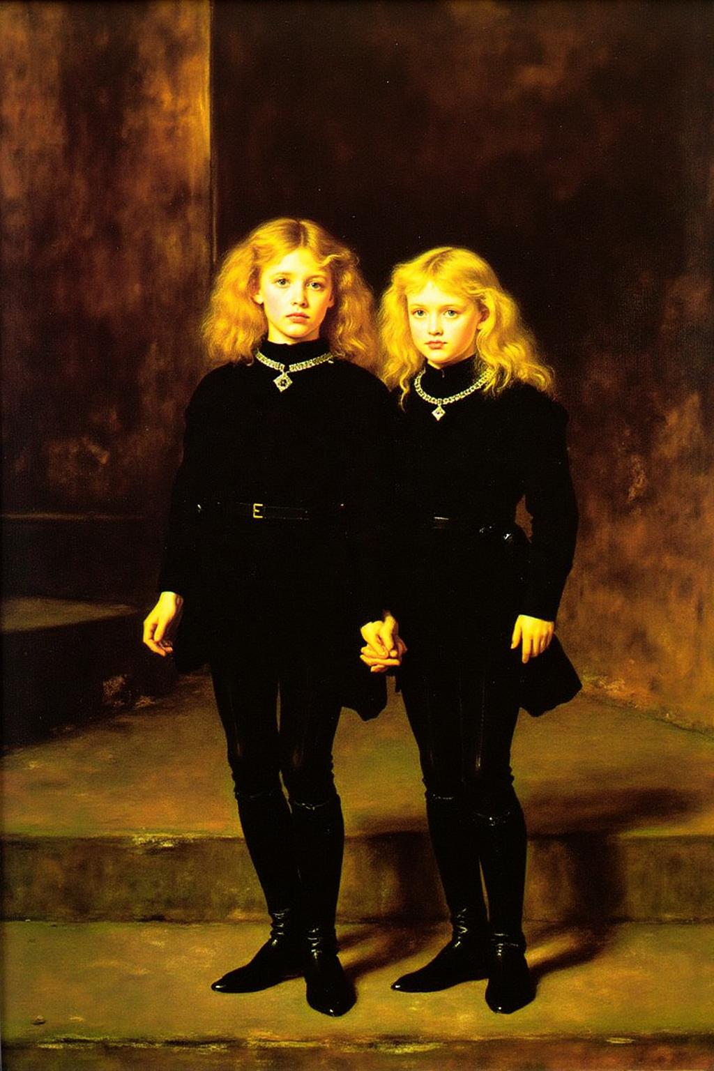 jem1 painting. 
Two young boys standing on a stone staircase. The boys, both with long, curly blonde hair, are dressed in dark, medieval-inspired attire: long-sleeved tunics and trousers, cinched at the waist, and pointed shoes. <lora:jem1_cap_d6a3:1.0><lora:822892150531333847:0>