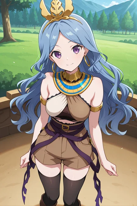 absurdres, highres, masterpiece, best quality, amazing quality, official anime artwork, screencap, anime screencap, outdoors, light smile, 
 <lora:Ubame-Chirizuka_Illustrious:1> chirizuka ubame, 1girl, solo, purple eyes, blue hair, long hair, wavy hair,,  alternate costume, gold headdress, hair ornament, hoop earrings, usekh collar, gold jewelry, brown shirt, gold armlet, brown shorts, black thighhighs, brown boots,