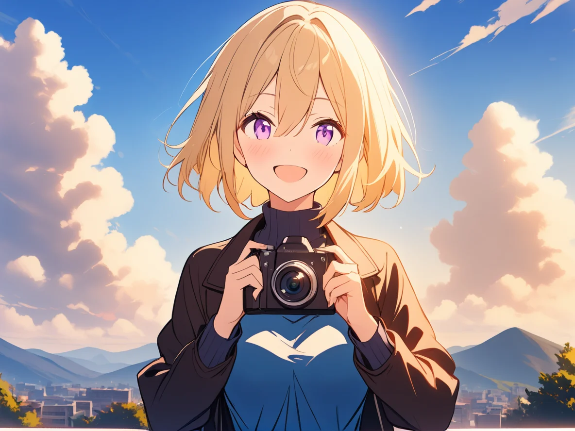 1girl, 
solo, outdoors, smile, breasts, hair between eyes, medium breasts, long sleeves, holding camera, jacket, blue sky, camera, sunlight, turtleneck, blonde hair, turtleneck shirt, shirt, looking at viewer, upper body, :d, black shirt, cloud, purple eyes, day, holding, open mouth, black jacket, blush, short hair, sky, sidelocks, blue shirt, 
masterpiece, best quality,  safe
 <lora:mki-ani31-TMND-v2-000050:1>