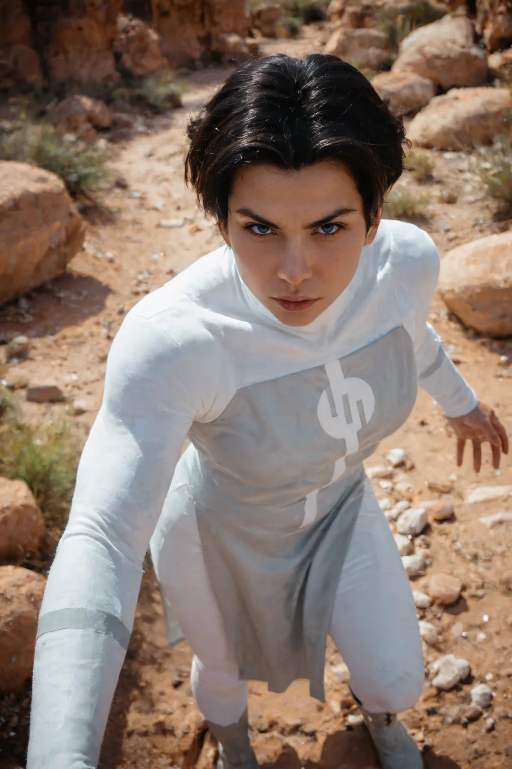 score_9, score_8_up, score_7_up, source_photo,   anissaxl, solo, 1girl, blue eyes, black hair, short hair, look at viewer, evil,    white bodysuit, long sleeves, white pants, pelvic curtain, boots,  desert, pov, reaching viewer,    natural lighting, (five fingers:1.1),