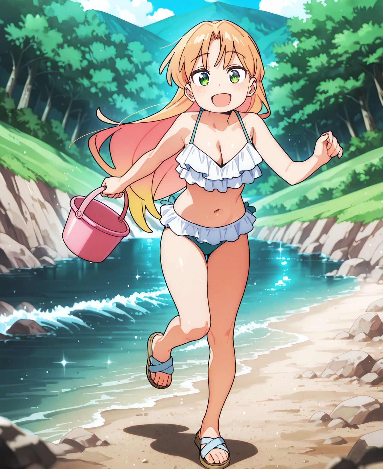 <lora:add-detail-xl:0.5>,,masterpiece,best quality,anime coloring,anime screenshot,
<lora:Ruri_Rocks_V2:1>Ruri_RocksV2,
1girl, swimsuit, solo, green eyes, bikini, 
long hair, breasts, frilled bikini, open mouth, navel,r_ruri,
sandals, open mouth, happy,  Ruffled Bikini, running, 
full body, standing, cleavage, holding pink bucketl,looking at viewer, 
holding,
river,