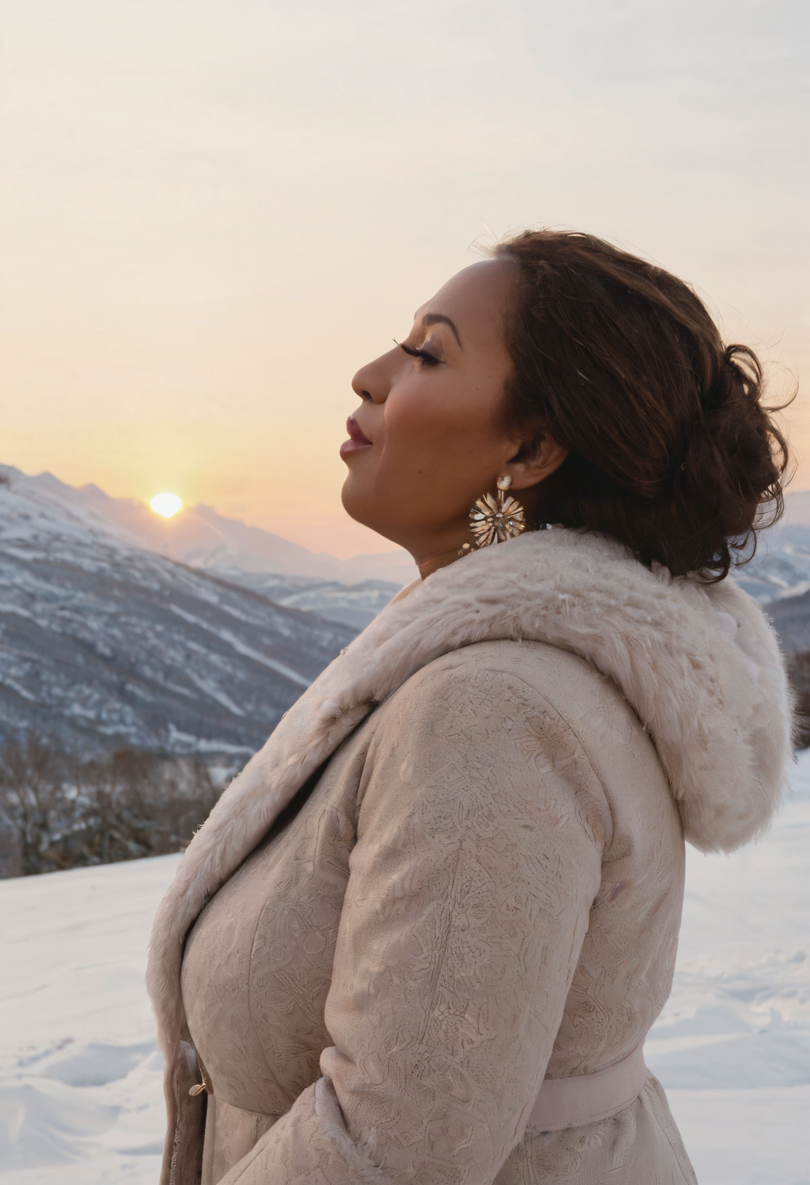 score_9, score_8_up, score_7_up, source_photo, 1girl, mature_female, brown eyes, dark skin, Seafoam, winter coat, High up, Profile, Sunbeam, Sidelighting, Glacier, Sunset Sunrise, rating_explicit, <lora:pony\BBW_XL_Girls_indecent:1.0000000000000002>