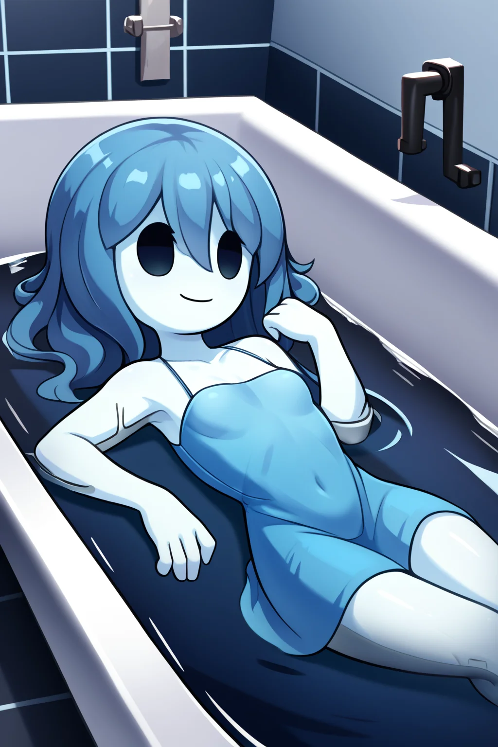 score_9, score_8_up, nsfw, score_7_up, <lora:Spooky:0.9> spooky (sjm), ghost girl, solid oval eyes, smile, transparent, colored skin, long blue hair, small breasts, blue dress, solo, lying on back, bathrub, in bathtub, submerged, wet, from the side, from side,, room, couch, fim,