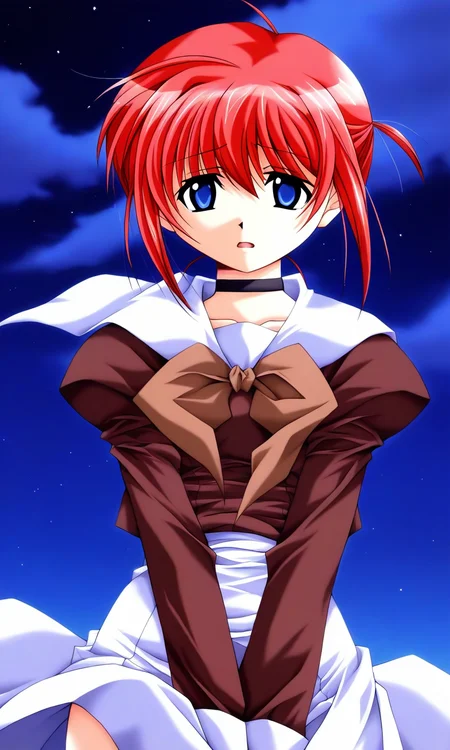 general,highres, ultra-detailed,very aesthetic,best quality ,best hands, BREAK <lora:Hiroba_Mahiru_Negapoji_Ver2.0_IS:1>
Hiroba_Mahiru(Negapoji), 1boy, solo, red hair, blue eyes, short hair, ahoge, bangs, black choker,
open mouth, long sleeve, white skirt, brown sleeve, sad, brown ribbon, cowboy_Shot,
v arms,
night, sky,