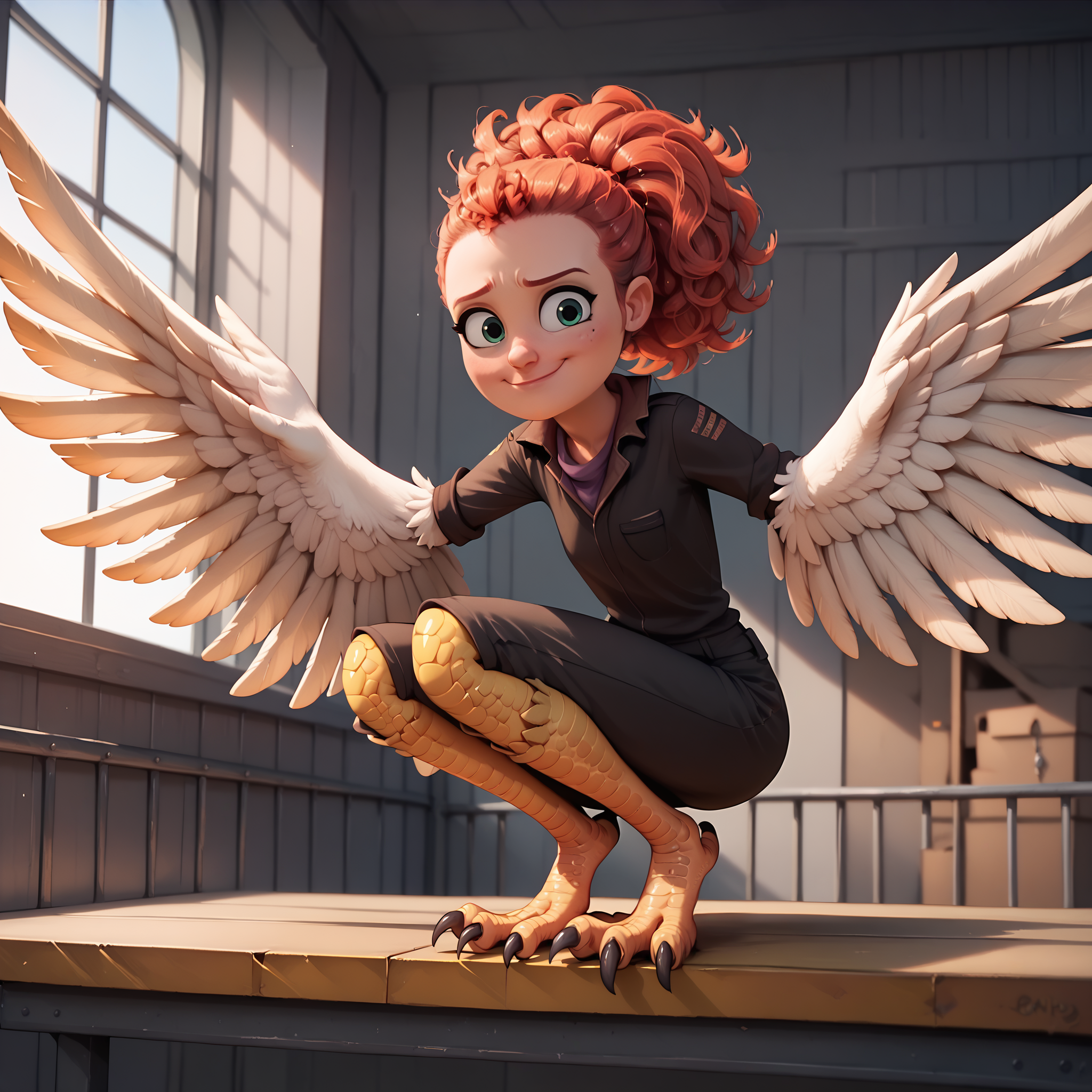 score_9, score_8_up, score_7_up BREAK best quality, masterpiece, absurdes tulip_storks, proud confident smirk at viewer, closed mouth, harpy legs, (wingarms, winged arms:1.2), spread wings, white feathers, in warehouse full of boxes, bushy ponytail, 1girl, red hair, squatting on metal industrial railing, perched on metal industrial railing, knees spread, legs spread out<lora:Tulip_Storks:.7> <lora:Winged_Arms_Lora_PonyXL:1>, human face, side view, black jumpsuit