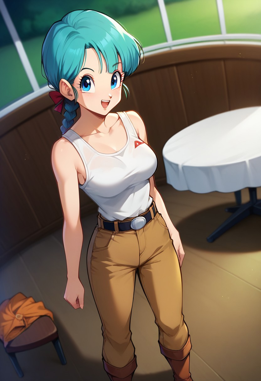 score_9,score_8_up,score_7_up,score_6_up,blurry, blurry background,bulma \(dragonball\), 1girl,bulma,bulma from dragon ball, solo, long hair, open mouth, blue eyes, ribbon, aqua hair, hair ribbon, braid, boots, belt, pants, single braid, tank top, braided ponytail, white topwear, brown pants, brown footwear, jacket removed, girl standing,table, chair, raised eyebrows, looking at viewer, medium breasts, collarbone, eyebrows, eyelashes, arms by side,cowboy shot, dutch angle