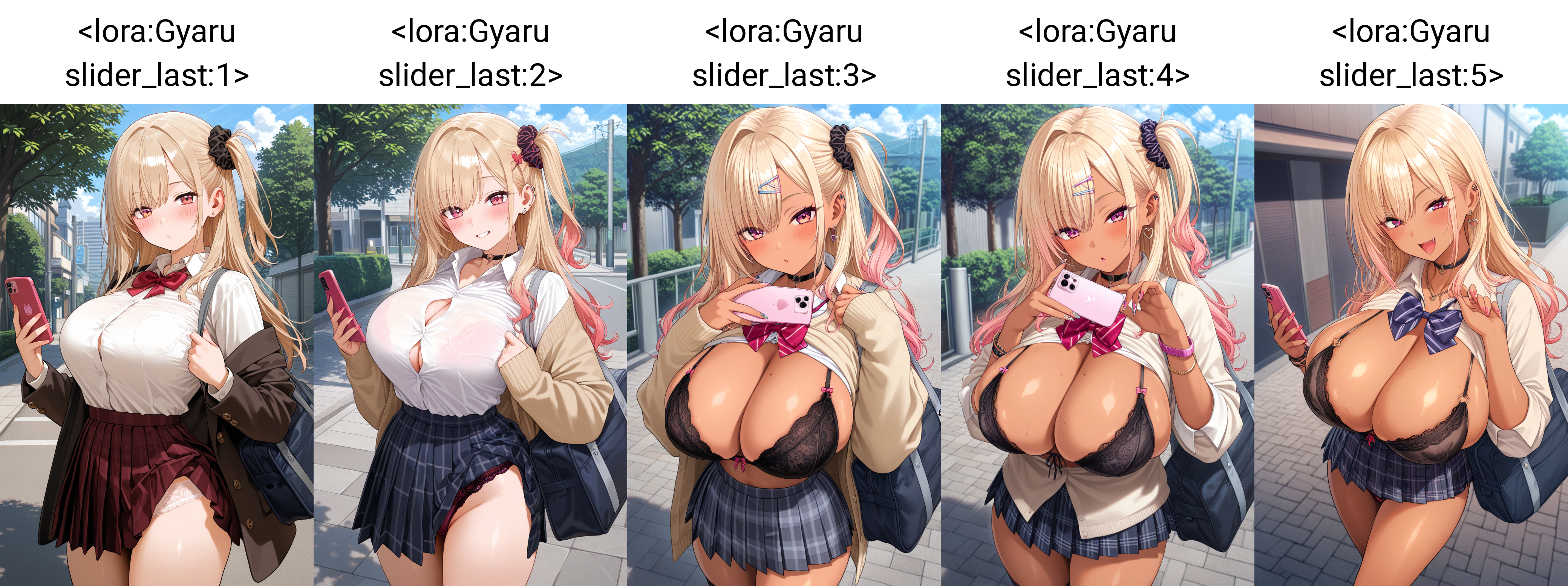 masterpiece, best quality, very aesthetic, 1girl,  outdoors, looking at viewer, smartphone,   <lora:Gyaru slider_last:1>