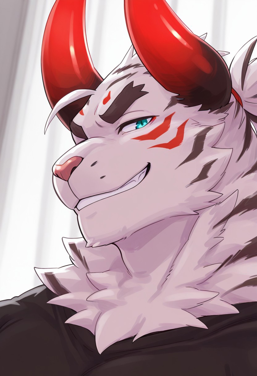 masterpiece,best quality,amazing quality, 1boy, solo, WhiteTiger, red horn, demon horn, furry, close up, side angle, smirk,