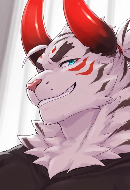 masterpiece,best quality,amazing quality, 1boy, solo, WhiteTiger, red horn, demon horn, furry, close up, side angle, smirk,