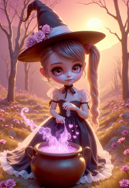 (A chibi, adorable version of a cute witch), [cowboy-shot, focused], [slender and toned figure], [long blonde hair up in a messy bun], brewing a love potion in a steaming cauldron, [tiny pink hearts floating up from the bubbling liquid with the pink mist], [pale green eyes focusing on the cauldron], wearing a sundress, a cute witch's cottage background, [magical, dreamy atmosphere], [morning setting, soft whispers of a breeze], [a sense of enchantment] pinkchibihalloween, detailed drawing, swms   <lora:FLUX - Surreal_Photo (Glitter):0.5> <lora:FLUX - PinkieChibiHalloween ( pinkchibihalloween ):1><lora:FLUX - SWMSF - Styles for FLUX ( detailed drawing, swms ):1>