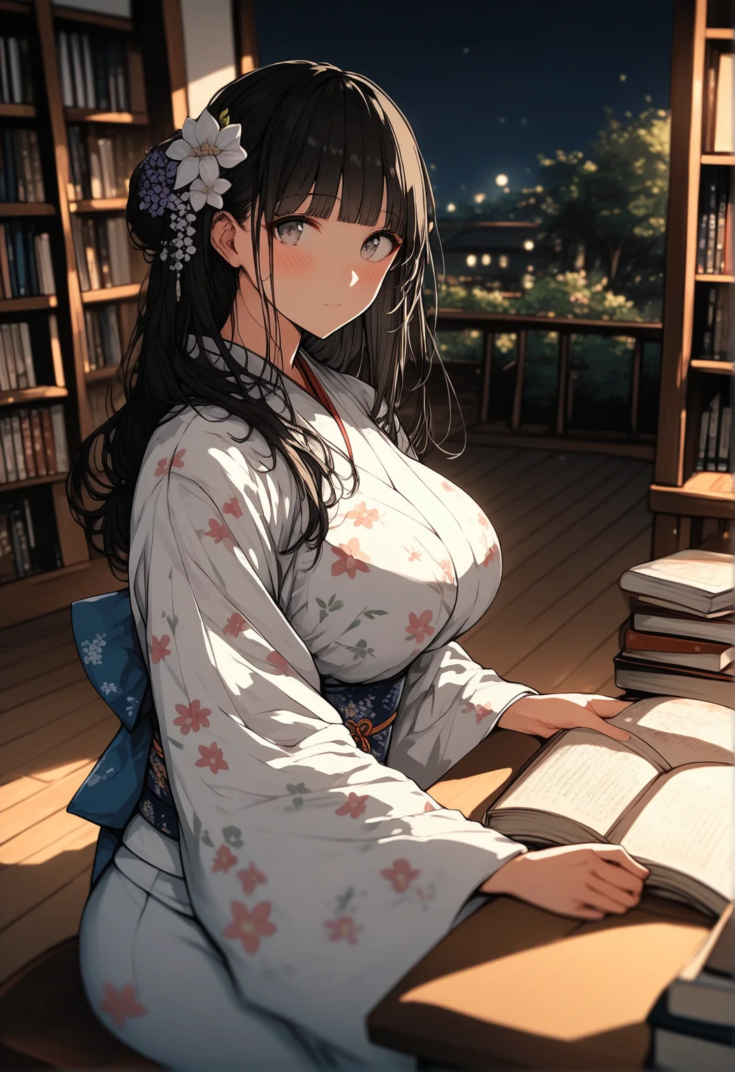 score_9, score_8_up, score_7_up, score_6_up, source_anime, <lora:BLE 0.1v:1>,
BLE, 1girl, solo, long hair, looking at viewer, huge breasts, blush, black hair, long sleeves, hair ornament, holding, closed mouth, sitting, flower, sidelocks, japanese clothes, indoors, blunt bangs, hair flower, wide sleeves, kimono, blurry, tree, grey eyes, book, sash, night, depth of field, floral print, obi, holding book, white kimono, wooden floor, open book, bookshelf, print kimono, wind chime, eyeliner,