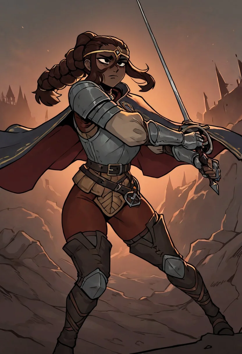 masterpiece, best quality, newest, absurdres, highres,
black eyes, shaded eyes, arbuz_budesh,
DDstyle, official style,
1girl, DDDuelist-V1.1, dark skin, dark-skinned female, armor, circlet, cape, belt, dredlocks, brown hair, gauntlets, belt,
holding, holding weapon, holding sword, sword, dynamic pose, fighting stance,