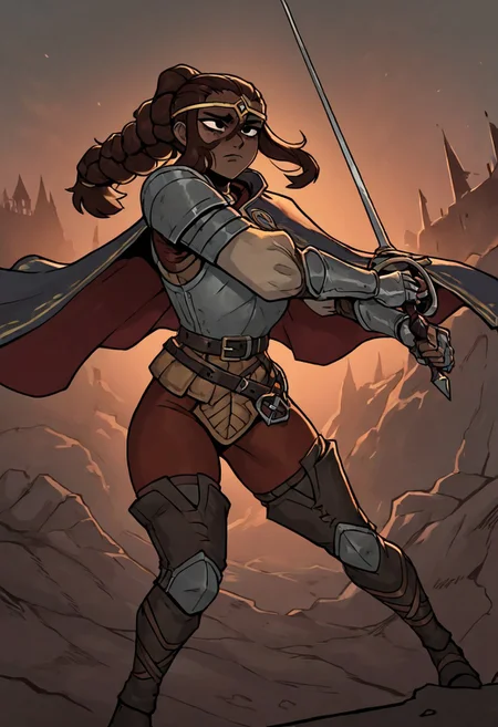 masterpiece, best quality, newest, absurdres, highres,
black eyes, shaded eyes, arbuz_budesh,
DDstyle, official style,
1girl, DDDuelist-V1.1, dark skin, dark-skinned female, armor, circlet, cape, belt, dredlocks, brown hair, gauntlets, belt,
holding, holding weapon, holding sword, sword, dynamic pose, fighting stance,