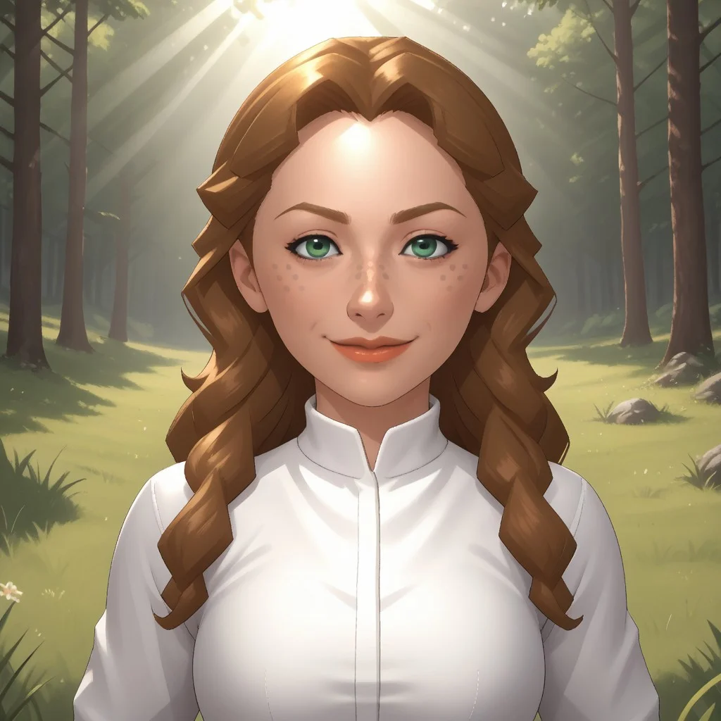 score_9, score_8, BREAK, solo, wii, mii, 1girl, female mii, green eyes, freckles, dark blonde hair, lips, white clothing, white pants, shoes, cute, nintendo mii, modern_mii, classic_mii, breasts, kathrin_(\wii_sports\), wii sports, sexy pose, smile, outdoors, sunlight, shadows, evening lighting, natural lighting, forest, trees, grass, orange sky, sunset