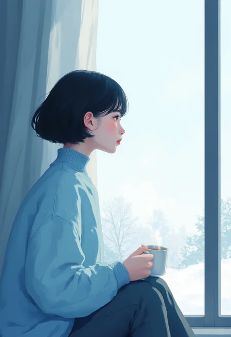 Digital illustration of a young woman with short, curly hair, wearing a light blue sweater and sitting by a large window. She gazes outside at a snowy landscape, holding a steaming mug in her hands. The background features cool tones, with soft white snow and pale blue sky visible through the window. The style is clean and modern, with flat colors and subtle gradients, capturing a peaceful and reflective atmosphere. The contrast between the warm indoor light and the cool outdoor scene emphasizes the coziness of the moment