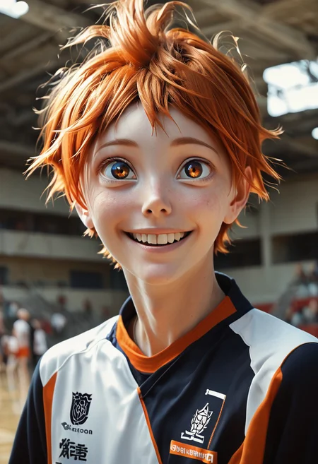 score 9, score 8, score 7, score 6, film grain, indoor, gym, camera angle, 1 boy, solo, hinata shoyo, orange hair, orange eyes, volleyball uniform, smile, looks up at the viewer <lora:shounen_zoomXL_ot_v4d-AMXL_V2 Score:0.95> <lora:Hinata_Shoyo:0,75>
