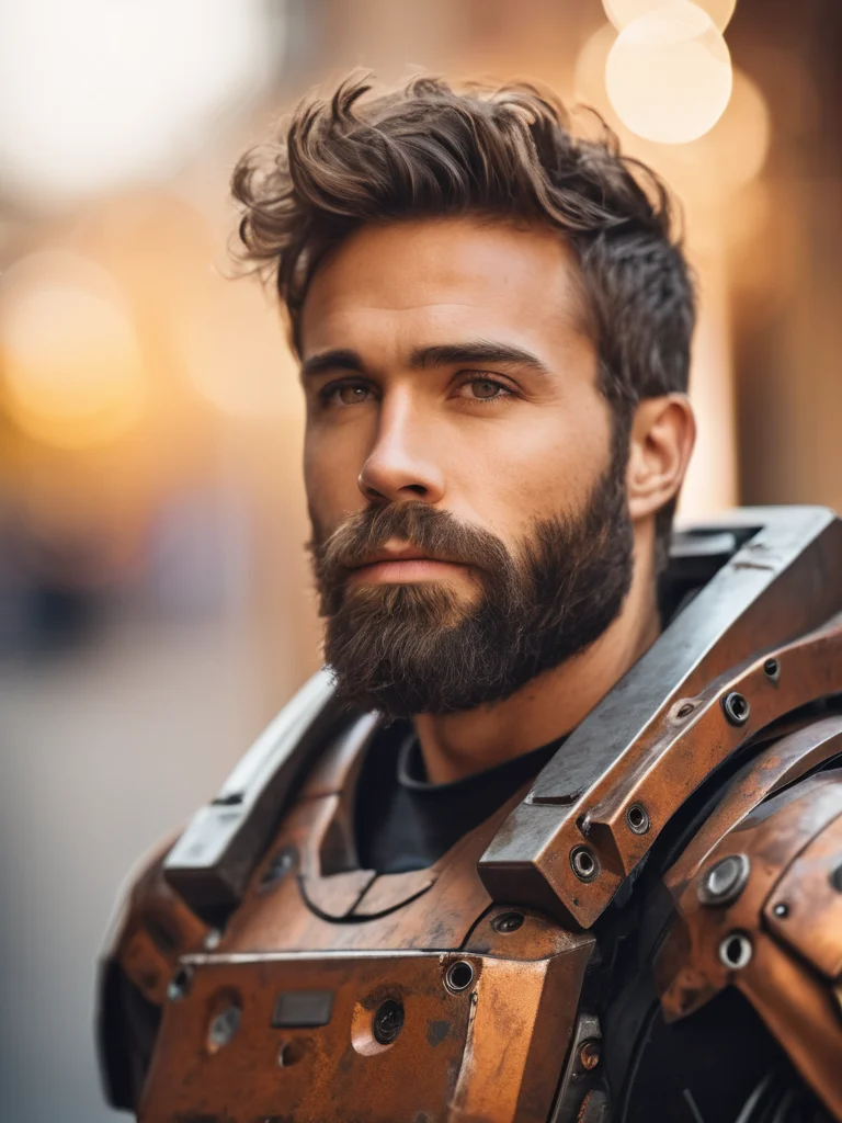Portrait photo of muscular bearded guy in a worn mech suit, ((light bokeh)), intricate, (steel metal [rust]), elegant, sharp focus, photo by greg rutkowski, soft lighting, vibrant colors, (masterpiece), ((streets)), (detailed face:1.2),