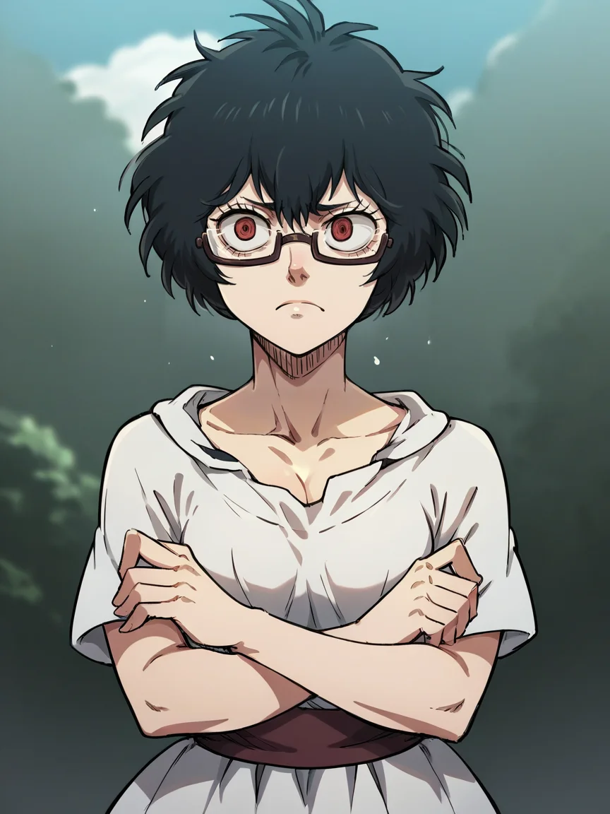 <lora:Sally_Black_Clover:1>, sallyblackclover, 1girl, standing, arms crossed under breasts, glasses, outdoors, unamused, upper body, score_9, score_8_up, score_7_up, score_6_up, score_5_up