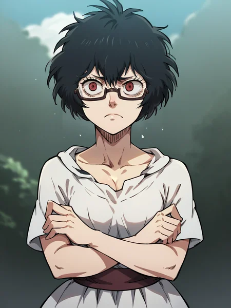 <lora:Sally_Black_Clover:1>, sallyblackclover, 1girl, standing, arms crossed under breasts, glasses, outdoors, unamused, upper body, score_9, score_8_up, score_7_up, score_6_up, score_5_up