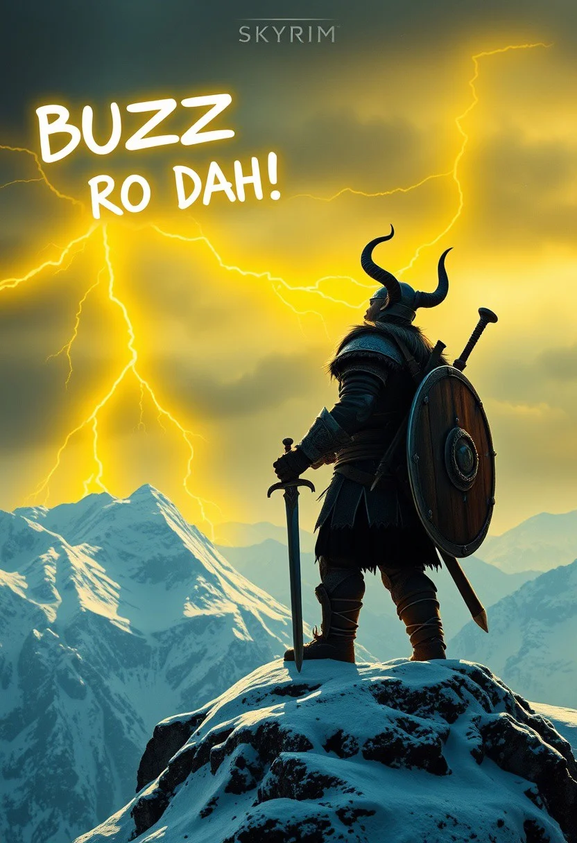 Dovahkiin from Skyrim stands on the top of the snowy mountain, wearing horned helmet and leather armor, holding sword and wooden shield, looking up at the sky, yellow lightings shoots from the sky, screaming "BUZZ RO DAH"