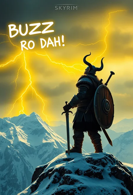 Dovahkiin from Skyrim stands on the top of the snowy mountain, wearing horned helmet and leather armor, holding sword and wooden shield, looking up at the sky, yellow lightings shoots from the sky, screaming "BUZZ RO DAH"
