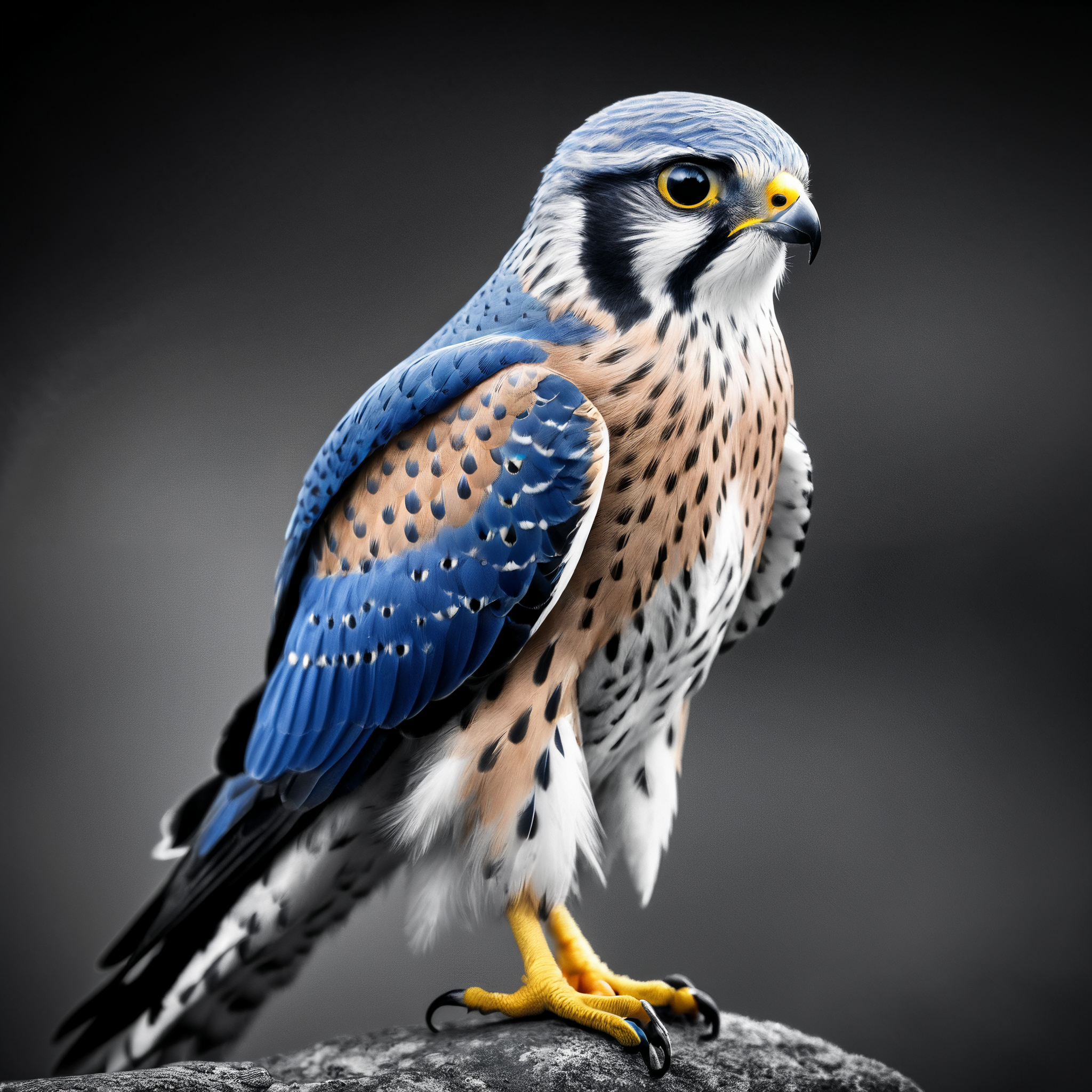 stunning monochrome photograph of a magnificent kestrel, (royal blue:1.35) and yellow, sharp claws, dynamic, shallow depth of field, 200mm lens, Rembrandt lighting,