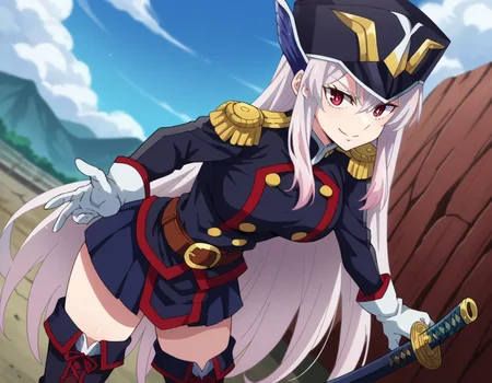 score_9, score_8_up, score_7_up, source_anime,
kyoukauzen, <lora:kyouka-uzen-s1-ponyxl-lora-nochekaiser:1>
kyouka uzen, long hair, red eyes, very long hair, white hair,
thighhighs, gloves, hat, boots, belt, sword, uniform, zettai ryouiki, military, military uniform, thigh boots, shako cap,
outdoors, wasteland, bent over, smile,
looking at viewer, cowboy shot, dutch angle, solo,