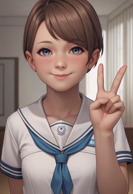 score_9, score_8_up, score_7_up, score_6_up, score_5_up, score_4_up, 1girl, <lora:KaraDBH:0.85> solo, short hair, brown hair, blue eyes, lips, wearing seifuku, sailor outfit, upper body, looking at viewer, smile, blush, front view, v sign,
(living room background),